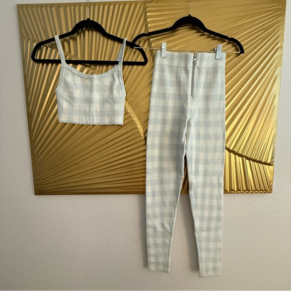 Urban Outfitters White & Light Blue Gingham Two-Piece Set (Pants & Cropped Top)
